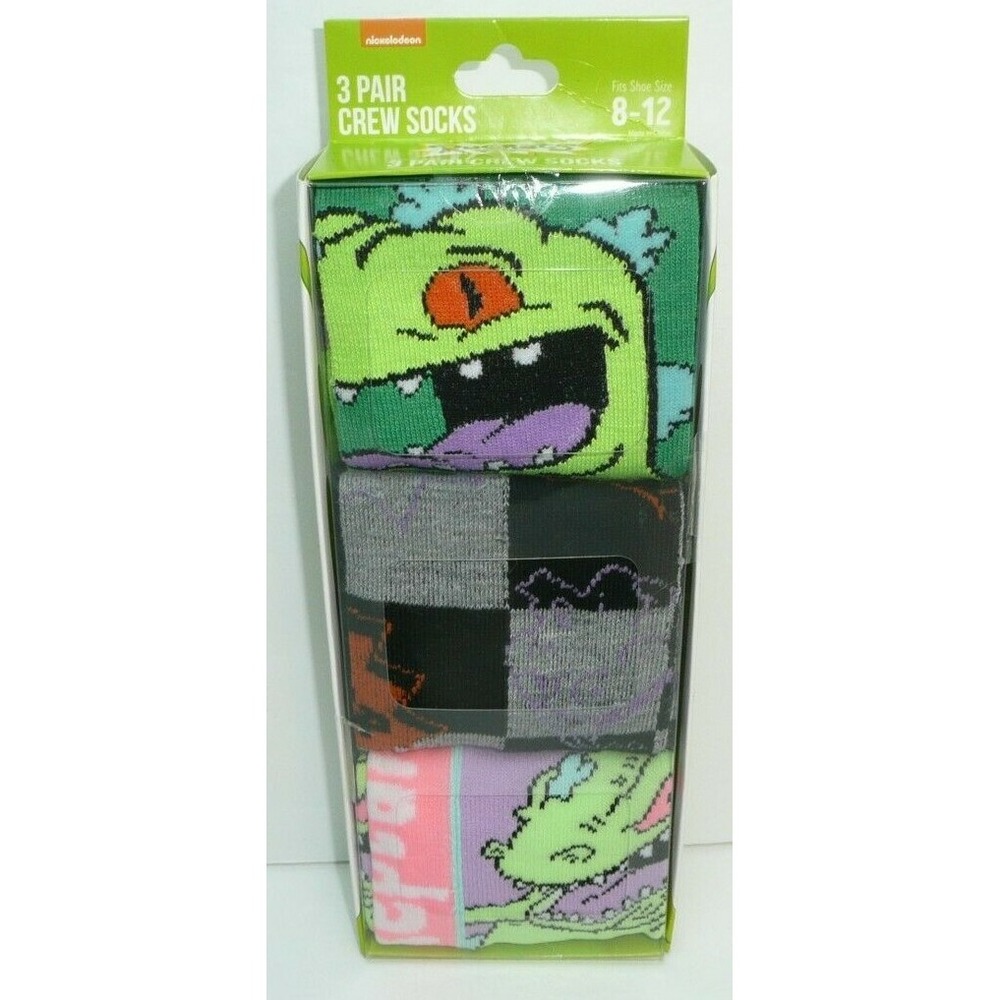 Rugrats Reptar Crew Socks 3 Pairs Nickelodeon Gift Set Novelty Dinosaur Godzilla